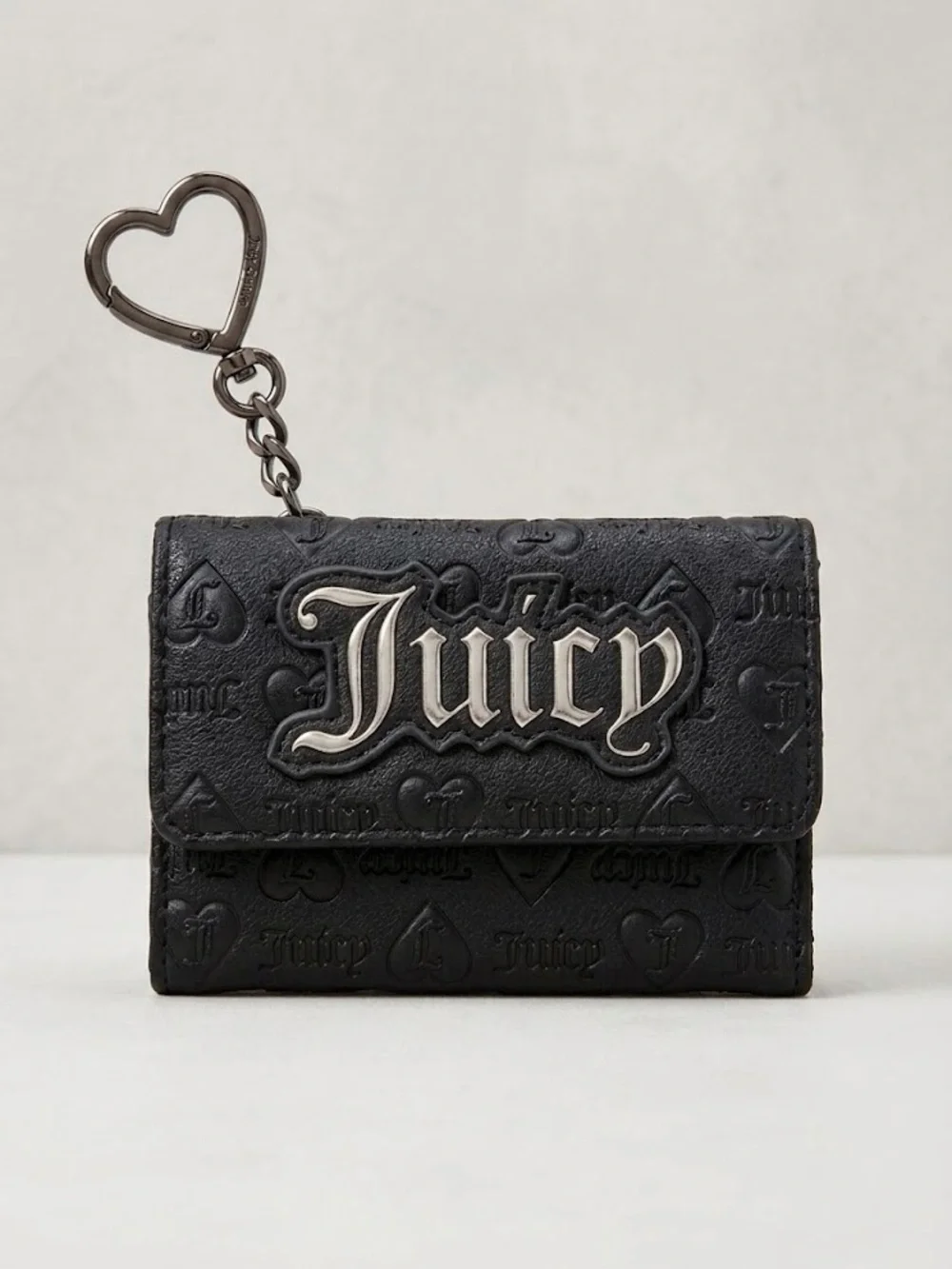 Juicy Couture Black Embossed Heart Wallet Keychain Card Case Silver Hardware